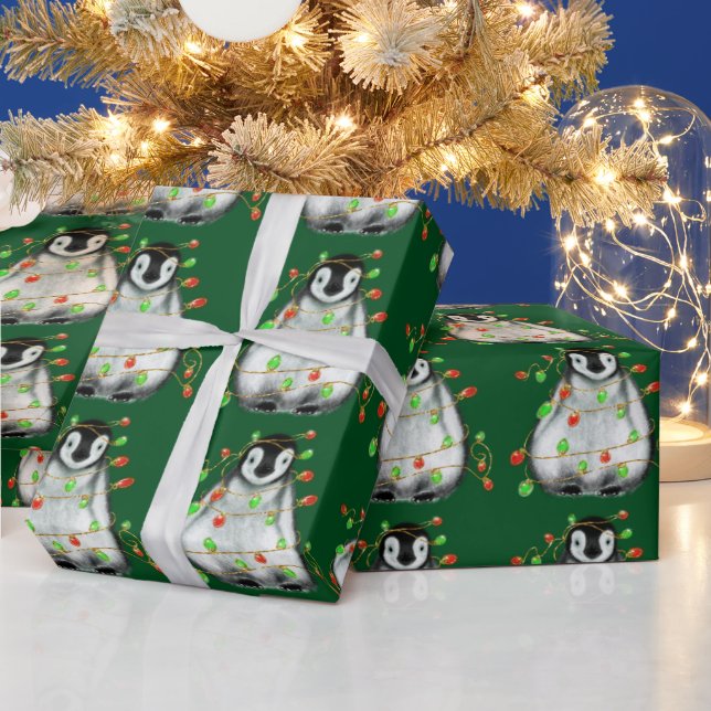 Holiday Penguin - twinkle red and green lights Wrapping Paper (Holidays)