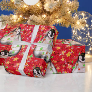 Holiday Penguin - twinkle red and green lights  Wrapping Paper