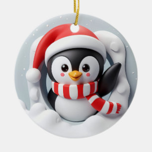 Holiday Penguin Waving and Bursting Out Ceramic Ornament