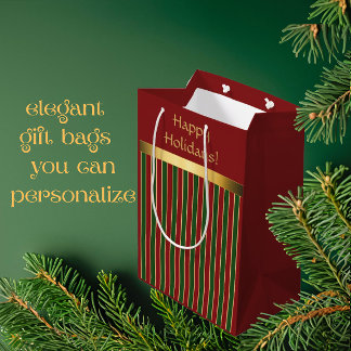 Holiday Personalised Custom Red Gold Stripe Wine Gift Bag