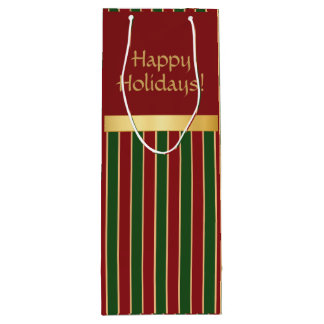 Holiday Personalised Red Green Gold Stripe Wine Gift Bag