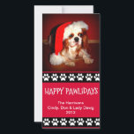 Holiday Personalizable Photo Card - Happy Pawliday<br><div class="desc">Great photo card for those of us with furry children.  Red backdrop,  eye-catching black and white pawprint design,  the slogan "Happy Pawlidays".  Personalise with your own text and photo.  Unique,  fun,  personalised.  Dog,  cat and whatever has paw lovers will love this one!</div>