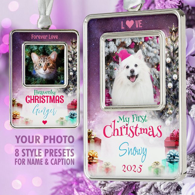 Holiday Pet Photo Keepsake, Tree & Gifts, Purple - Silver Plated Framed Ornament (Creator Uploaded)