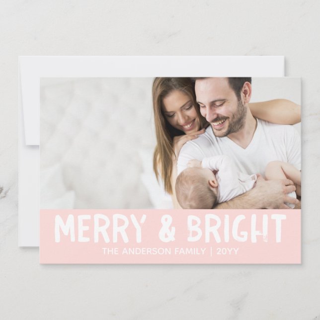 Holiday Photo Card | Pink Modern Merry & Bright (Front)