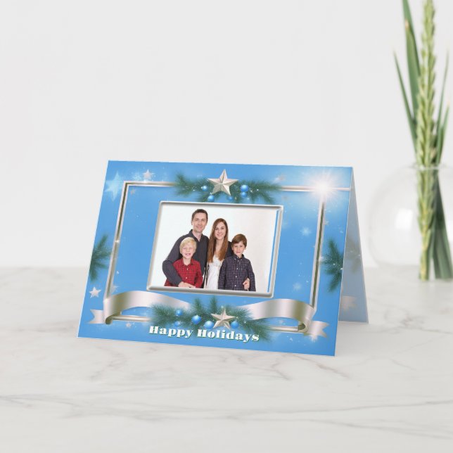 Holiday Photo Greeting on Blue with Silver Frame Card (Front)