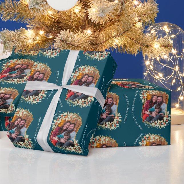 Holiday Photo Mistletoe Gold Frame Personalised  Wrapping Paper (Holidays)