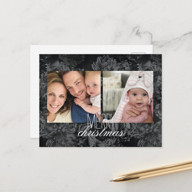 Holiday Photo Postcard dark floral wallpaper (Front/Back In Situ)