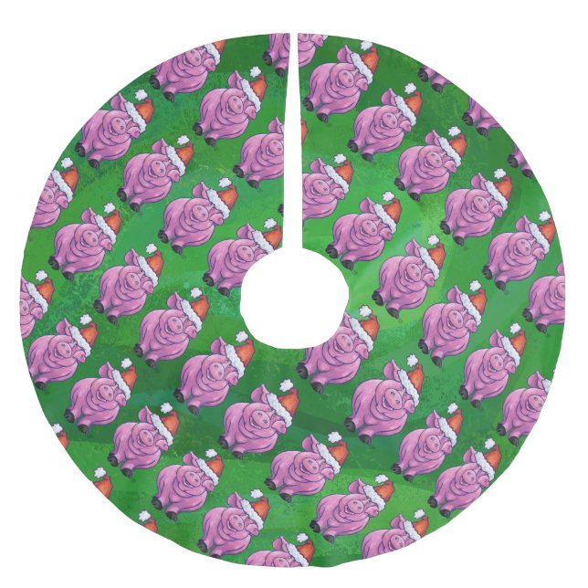 Holiday Pig in Santa Hat Pattern on Green Brushed Polyester Tree Skirt (Front)