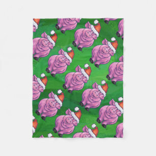 Holiday Pig in Santa Hat Pattern on Green Fleece Blanket