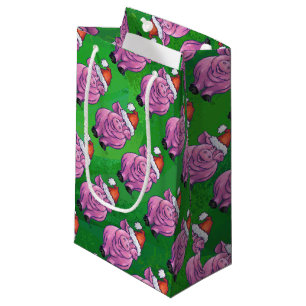 Holiday Pig in Santa Hat Pattern on Green Small Gift Bag