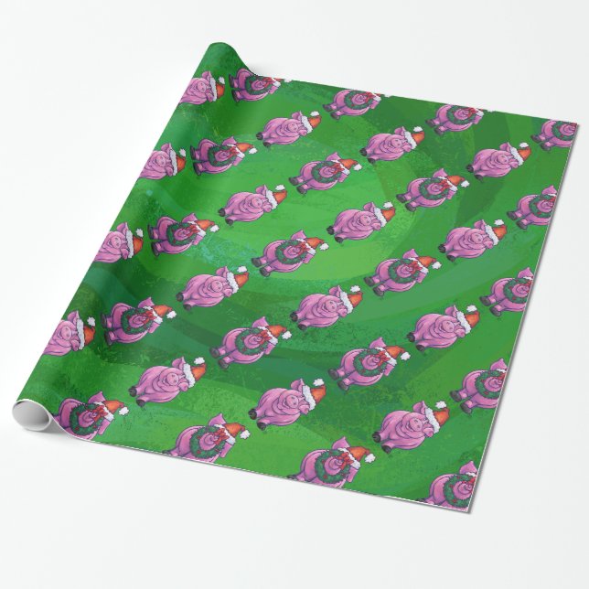 Holiday Pig in Santa Hat Pattern on Green Wrapping Paper (Unrolled)