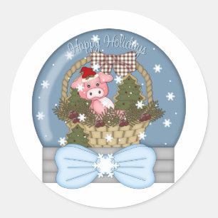 Holiday Pig Snow Globe Classic Round Sticker