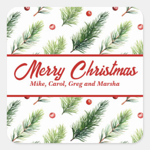 Holiday Pine And Berries Custom Christmas Square Sticker