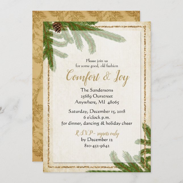 Holiday Pine Boughs Comfort and Joy Invitation (Front/Back)