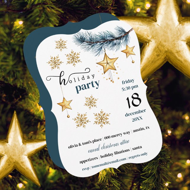 Holiday Pine Gold Snowflakes and Stars Party Invitation (Brilliant gold stars and cute snowflakes on this fully customizable holiday party invite )