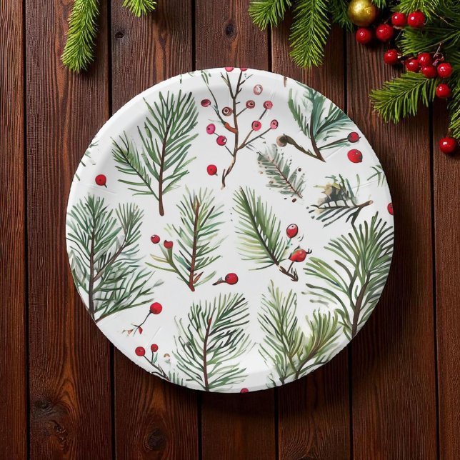 Holiday Pine & Red Berries Woodland Design Paper Plate (Creator Uploaded)