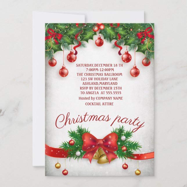 Holiday, Pine Tree Branch, Jingle Bell Bow Party Invitation (Front)