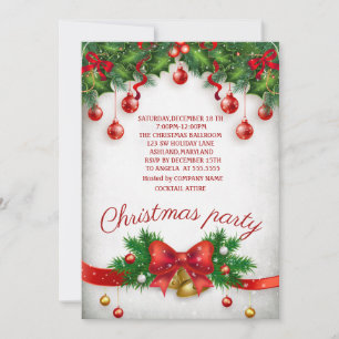 Holiday, Pine Tree Branch, Jingle Bell Bow Party Invitation