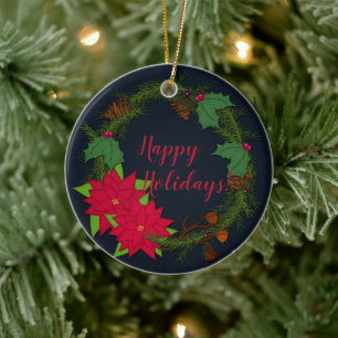 Holiday Pine Wreath Christmas Personalise It Ceramic Ornament