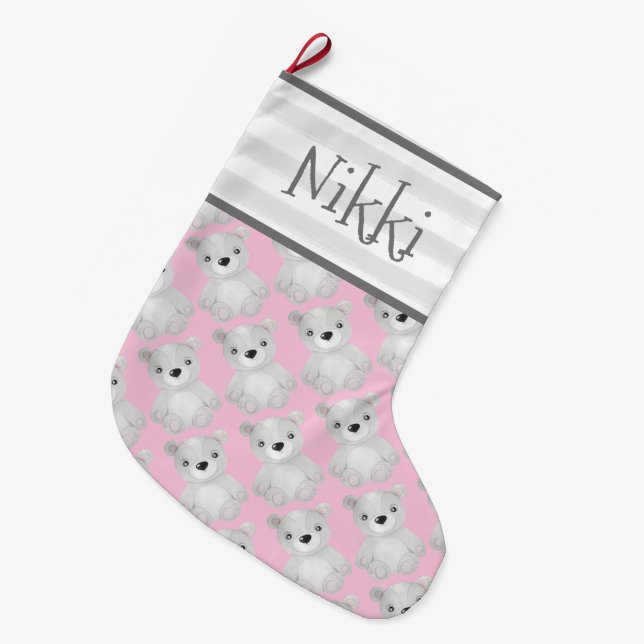 Holiday Pink Bear Name Stripe Typography Large Christmas Stocking (Front (Hanging))