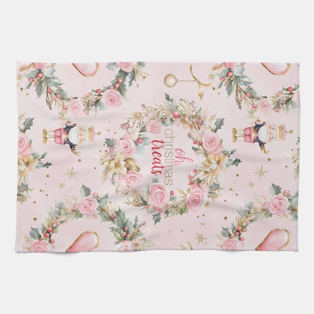 Holiday Pink Merry Nutcracker Beaux Custom Wreath Tea Towel (Horizontal)