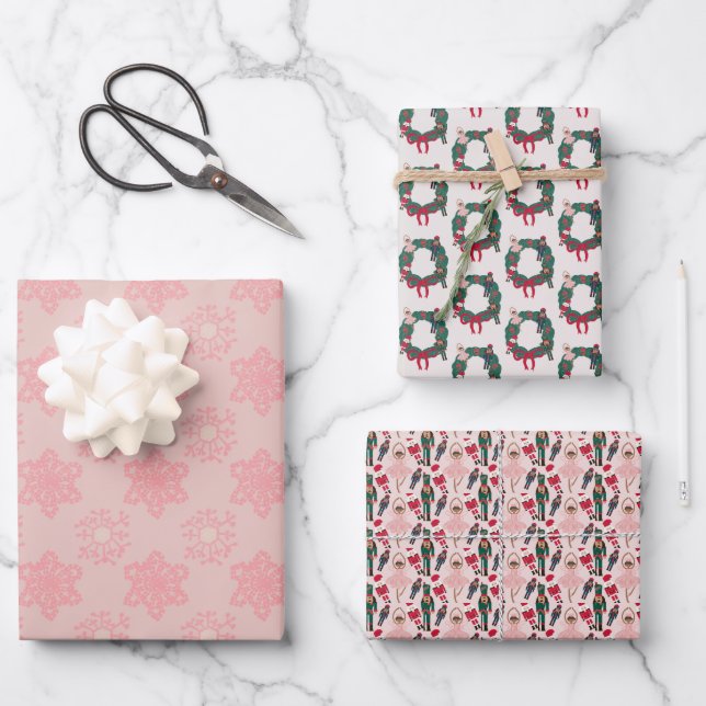Holiday Pink Nutcracker Snowflake Wrapping Paper Sheet (Front)