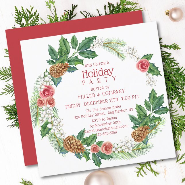 Holiday Pink Wreath Corporate Christmas Party Invitation (Creator Uploaded)
