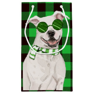 Holiday Pit Bull and Green Plaid Christmas Small Gift Bag