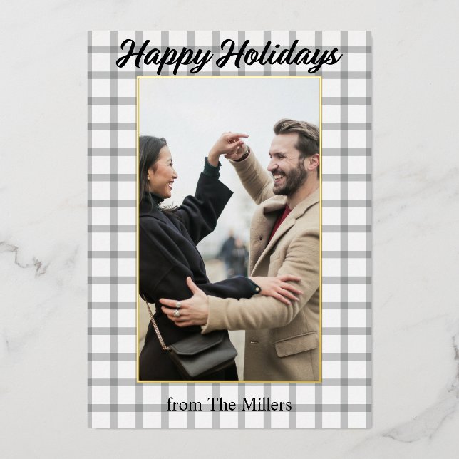Holiday Plaid Black and White Framed Foil Greeting (Front)
