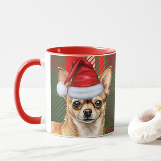 Holiday Plaid Chihuahua Christmas Santa Dog Mug (With Donut)
