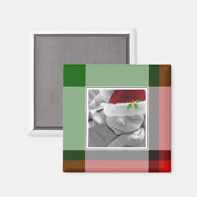 Holiday Plaid Christmas Keepsake Baby PHOTO Magnet (Front/Back)