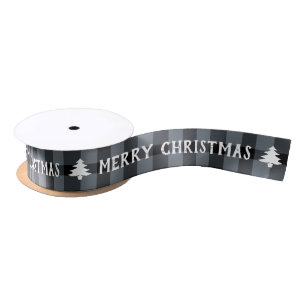 Holiday Plaid Christmas Tree Grey Satin Ribbon
