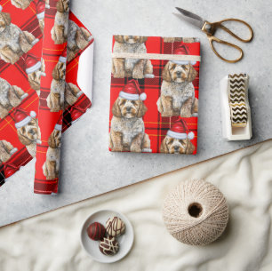 Holiday Plaid Cockapoo Santa Dog Christmas Wrapping Paper