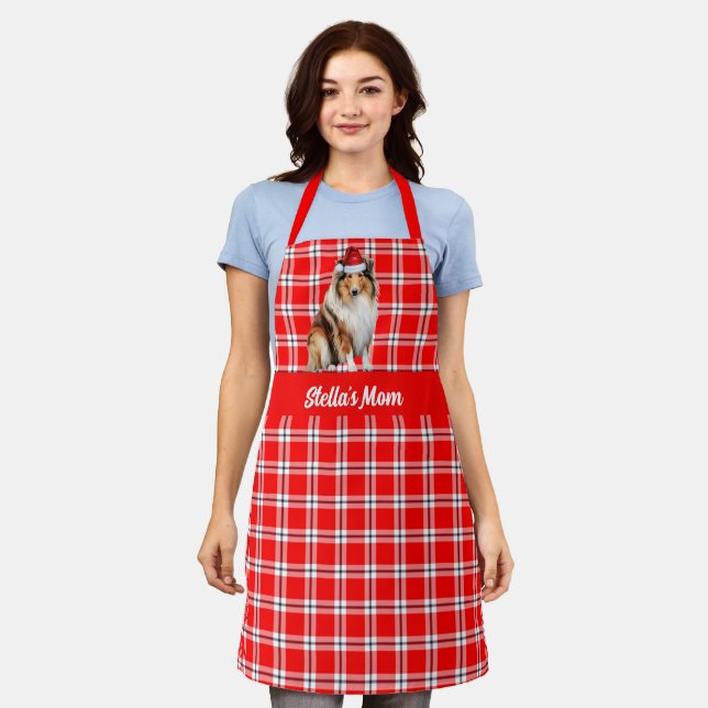 Holiday Plaid Collie Santa Dog Christmas Apron (Worn)