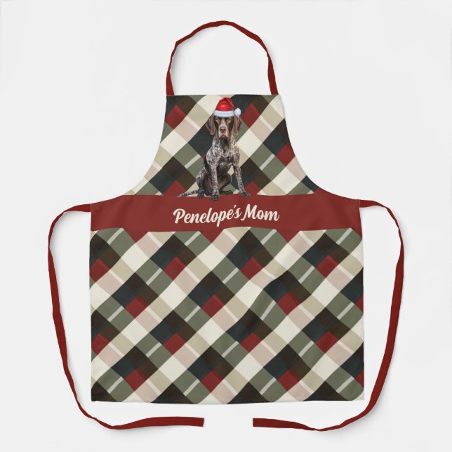 Holiday Plaid Cute GSP Pointer Santa Dog Christmas Apron (Front)