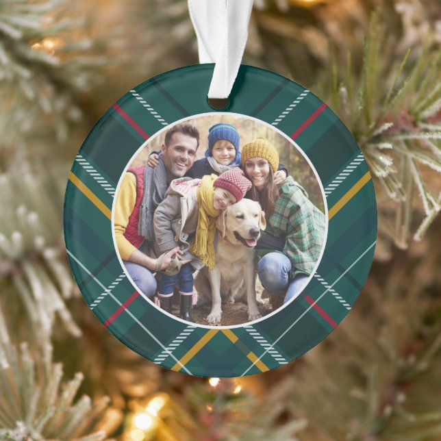 Holiday plaid frame family photo green Christmas Ornament (Tree)
