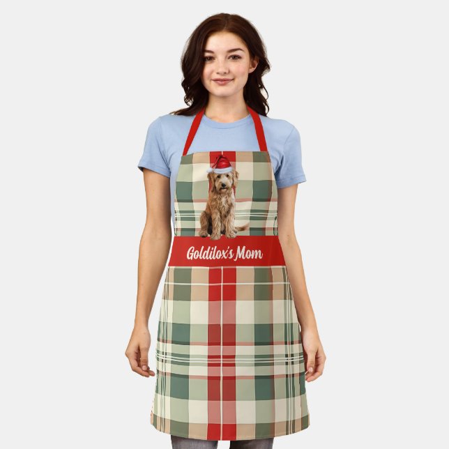 Holiday Plaid Goldendoodle Santa Dog Christmas Apron (Worn)