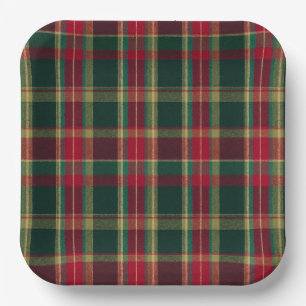 Holiday Plaid Green Red Gold Christmas Paper Plate