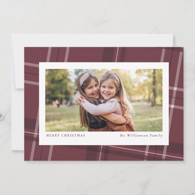 Holiday plaid horizontal Christmas photo card (Front)