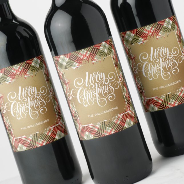 Holiday Plaid Merry Christmas on Gold Wine Label (Creator Uploaded)