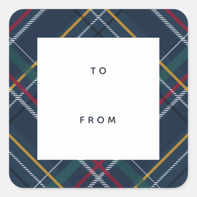 Holiday plaid navy blue to and from gift square sticker (Front)