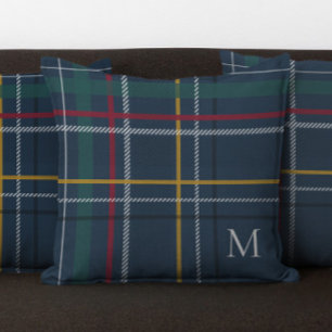 Holiday plaid navy Christmas monogram colourful Cushion