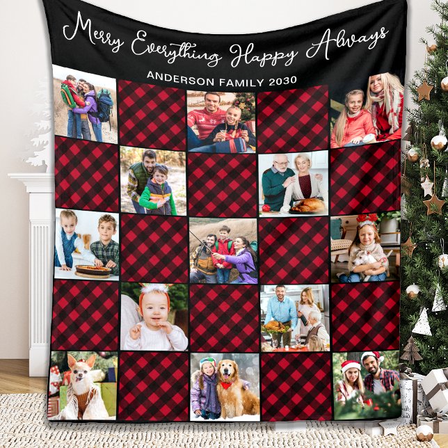 Holiday Plaid Personalized Unique 13 Photo Collage Fleece Blanket (Creator Uploaded)