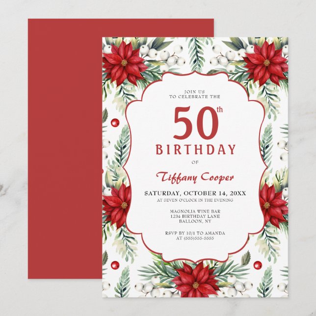 Holiday Poinsettia 50th Birthday Invitation (Front/Back)
