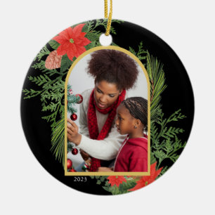 Holiday Poinsettia and Greenery Photo Black Ceramic Ornament