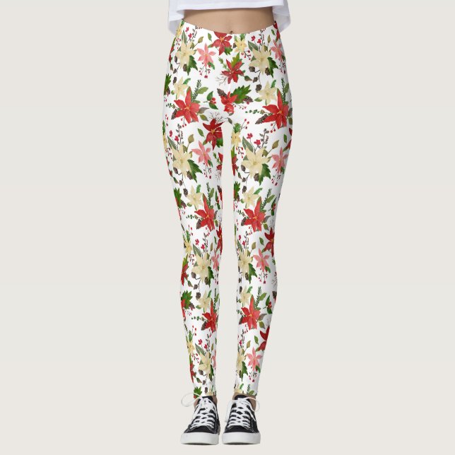 Holiday Poinsettia Holly Red Christmas Pattern  Leggings (Front)