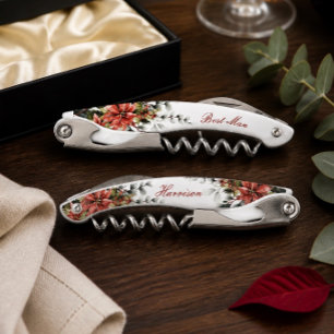 Holiday Poinsettia Personalised Wedding Gift Corkscrew