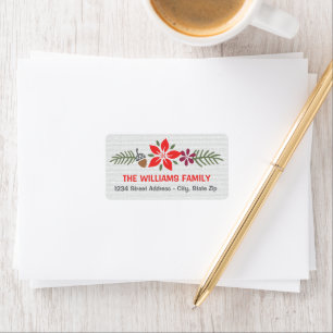 Holiday Poinsettia Red Grey Linen Address Label