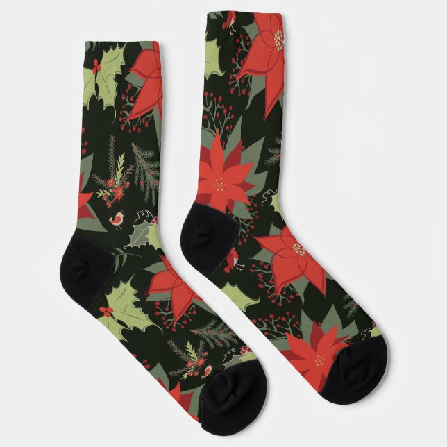 Holiday Poinsettias and Holly Festive Socks (Right)