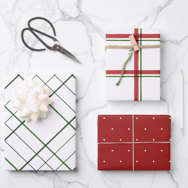 Holiday polka dot and plaid patterns red green wrapping paper sheet (Front)